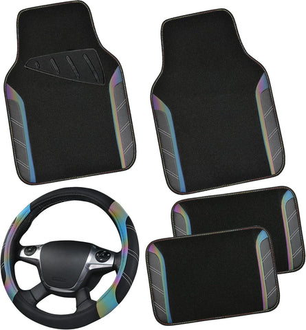 Leather Steering Wheel Cover and Waterproof Car Floor Mats Combo