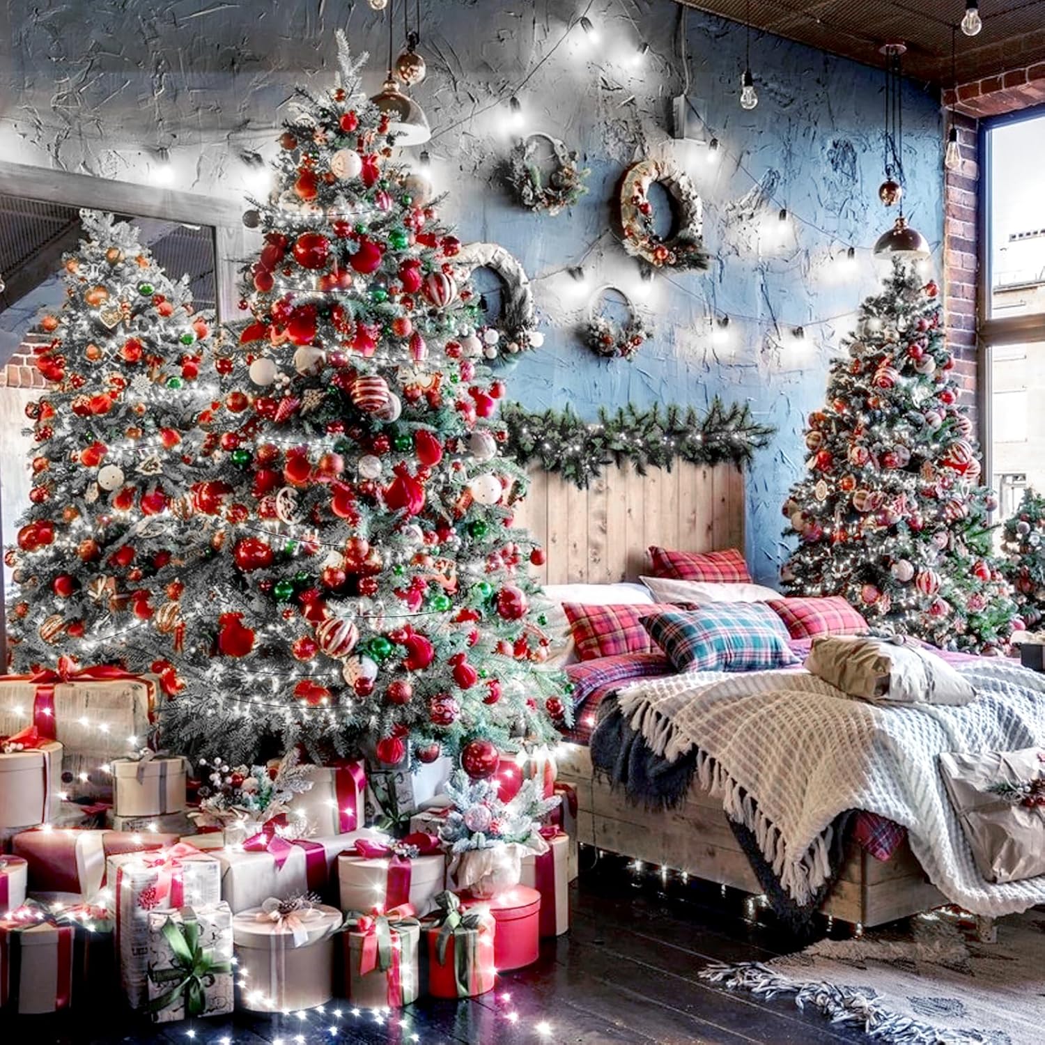 Decorated Christmas trees and presents in a room with festive decorations.