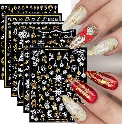 9 Sheets Christmas Nail Art Stickers Gold & White – Self-Adhesive Reindeer