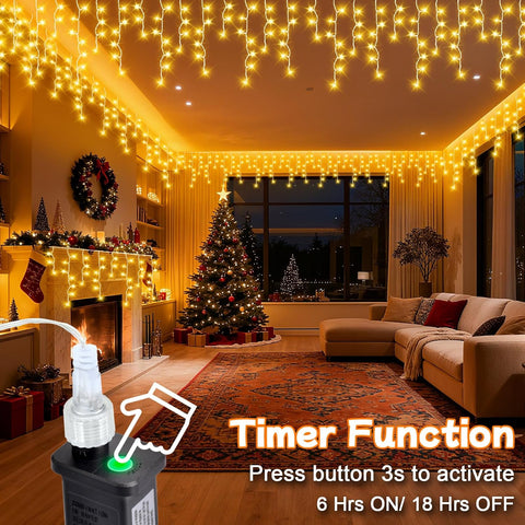 20M 480LED Warm White Icicle Christmas Lights – Outdoor Mains Powered with Timer, Memory & 8 Modes - Turn Your Roofline Into a Winter Glow