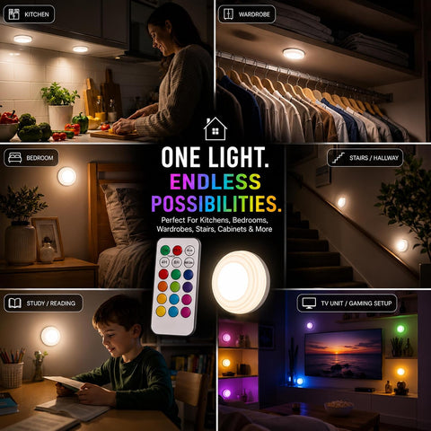 Lizzy LED Touch Lights 5 Pack with Remote Control – 12 Colour RGB Changing Battery Operated Stick-On Puck Lights for Kitchen, Wardrobe, Cupboard & Bedroom - Put the Glow Exactly Where Your Room Needs It