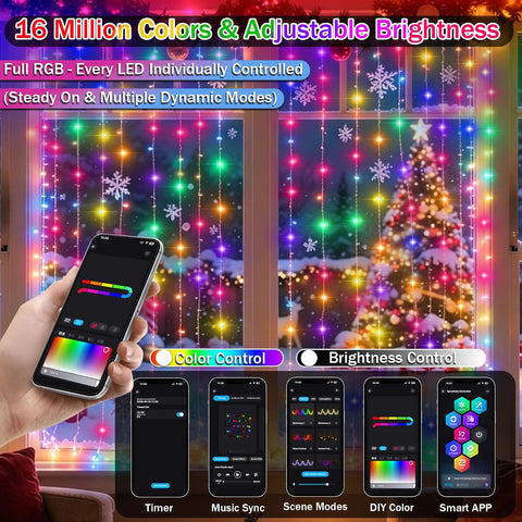 Rechargeable Fairy Curtain Lights 3x3m – Multicolour RGB LED Window Lights with App & Remote Control, 99+ Modes and Music Sync – Bring Every Celebration to Life with Colour