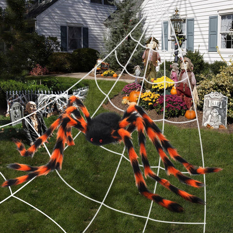 AMLOOPH Giant Spider Halloween Decorations 150cm Orange & Black – Realistic Furry Spider with Cobweb, Mini Spiders & 3D Bats for Indoor & Outdoor Halloween Displays