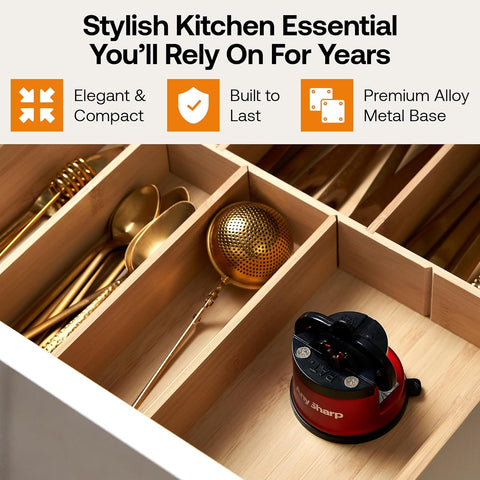 AnySharp Pro Metal Knife Sharpener – Hands-Free PowerGrip Suction | Sharpens All Knives | Hardened Steel & Serrated | Deep Red Finish