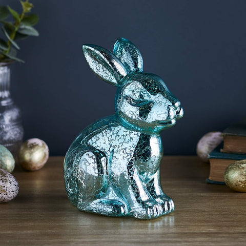 15cm Blue Mottled Glass Easter Bunny LED Table Light – Warm White Battery Lamp with Timer