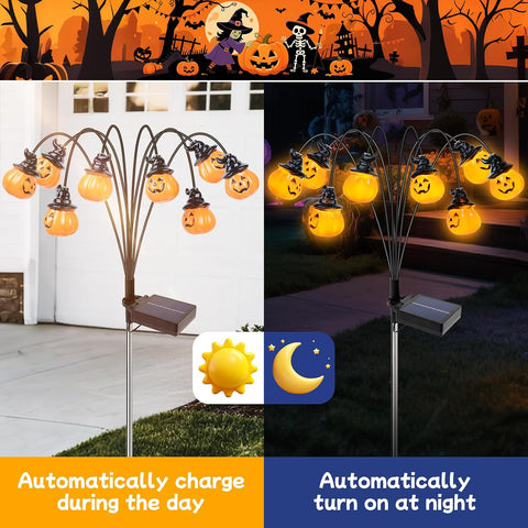 Qoosea Halloween Solar Lights Outdoor 2 Pack Pumpkin Lights, IP65 Waterproof 8 Modes Halloween Garden Ornaments, LED Solar Garden Lamp Festival Decor, Perfect for Pathway Yard Patio Backyard Cemetery