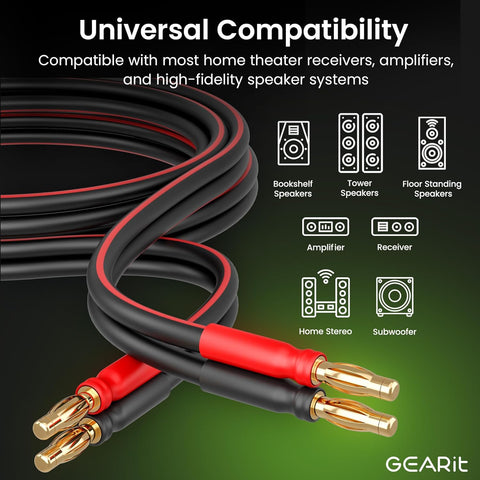 GearIT 14 AWG Speaker Cable With Banana Plugs (2 Pack, 9.9 Feet - 3 Meter) for Bi-Wire Bi-Amp HiFi Surround Sound - 99.9% OFC Copper, Gold Plated Tips - Black, 10 Ft