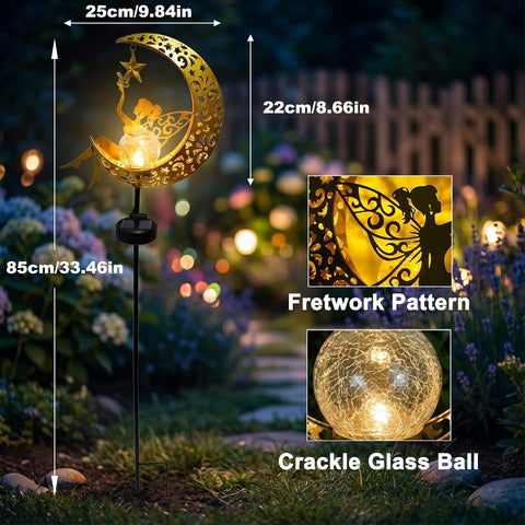 Solar Lights Outdoor Garden, Solar Moon Fairy Lights with Crackle Glass Globe, Garden Ornaments Lights Solar Powered Waterproof for Patio, Yard, Pathway & Lawn, Unique Gardening Gifts for Women