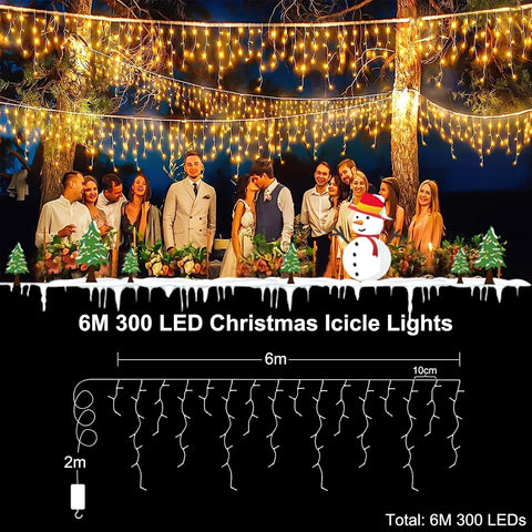 DBFAIRY 6M 300 LED Warm White Christmas Icicle Lights with Remote, Timer & 8 Lighting Modes – Bring a Cosy Winter Glow to Your Windows and Eaves