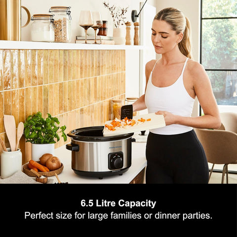 6.5L Silver Slow Cooker with Ceramic Pot, 3 Heat Settings, Easy Clean, Brushed Steel Family Cooker 461013