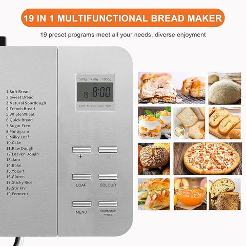 19-in-1 Stainless Steel Bread Maker with Nut Dispenser – 2.2LB Large Bread Machine, Nonstick Pan, LCD Touch Panel, Gluten Free