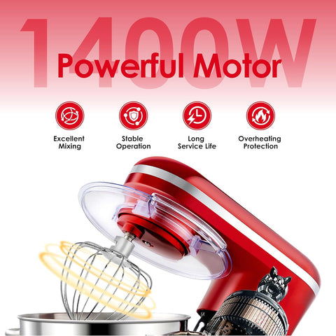 Stand Mixer 6.2L 1400W Tilt-Head Electric Food Mixer with Dough Hook, Whisk & Beater – 2-Layer Red Coating – Red