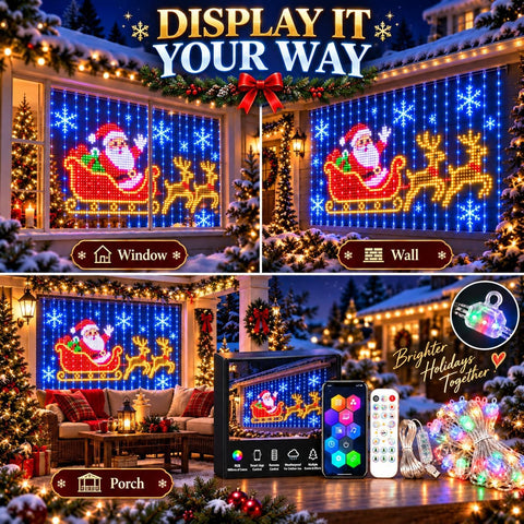 Christmas LED House Net 3x3m – 400 RGB Pixel Smart Outdoor Wall Curtain Lights with App Control, DIY Patterns, Music Sync & IP65 Protection - Turn a Blank Wall Into a Christmas Showpiece