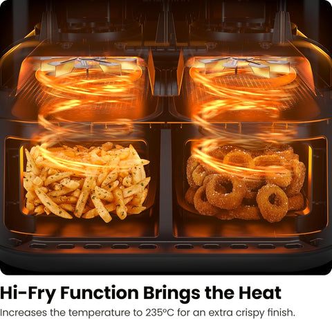 5.6L Dual Air Fryer Oven – Double Drawer, Sync Finish, Hi-Fry, Auto Shutoff, Easy View Windows & Dishwasher Safe Baskets