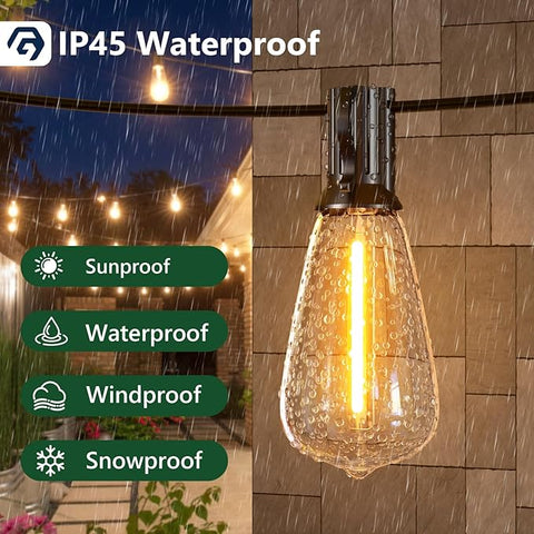 Outdoor Festoon String Lights – 15M with 50 ST64 LED Filament Bulbs – 40W, E12 Base – 3000K Warm White