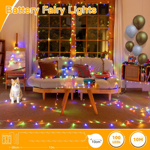 10m Multicoloured 100 LED Battery Operated Fairy Lights – Waterproof