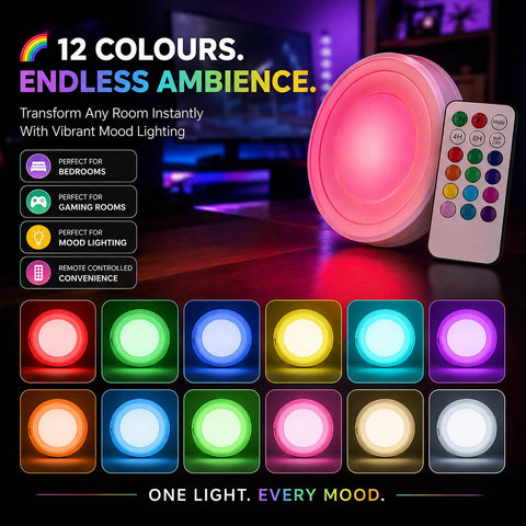 Lizzy LED Touch Lights 5 Pack with Remote Control – 12 Colour RGB Changing Battery Operated Stick-On Puck Lights for Kitchen, Wardrobe, Cupboard & Bedroom - Put the Glow Exactly Where Your Room Needs It