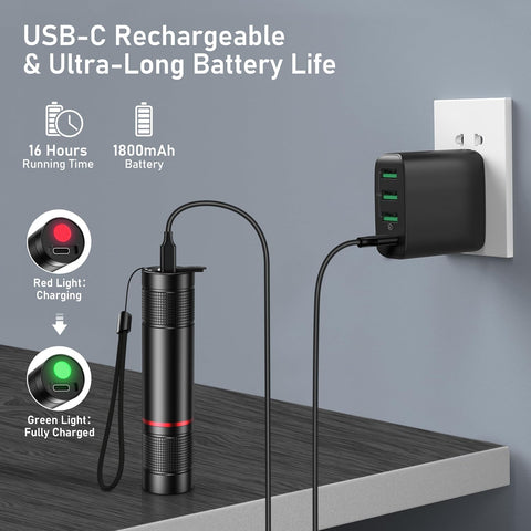 Black USB-C rechargeable device with charging cable and adapter on a wooden surface.