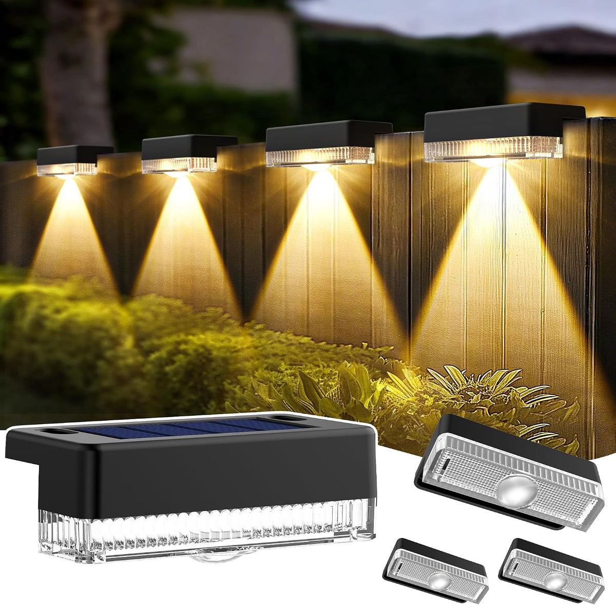 Solpex Solar Fence Lights Outdoor Garden,4 Pack Solar Powered Deck Lights Outdoor Waterproof for Stairs,Backyard,Patio,Railing,Step(Warm White