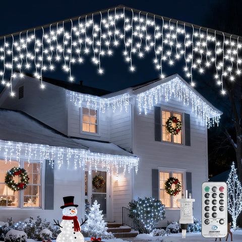 WOWDSGN 430 LED Icicle Lights Outdoor 14M Cool White Christmas Lights – 8 Modes, Timer & IP44 Waterproof Drops for Roofs, Gardens & Windows - Turn Your Home Into a Winter Wonderland