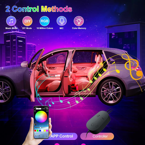 RGB Car Interior LED Light Kit with APP Control, Music Sync, USB Powered Ambient Lighting, 16 Million Colours, DC 5V