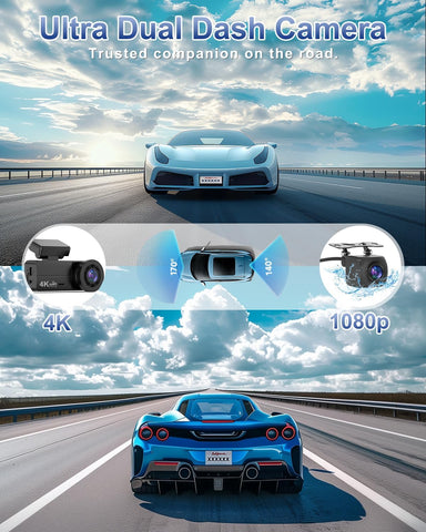 4K+1080P Front & Rear Dash Cam with WiFi and 64GB Card