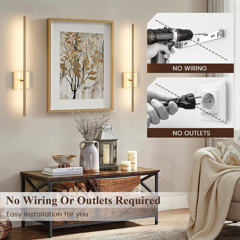 Battery Operated Wall Lights Indoor – 2 Pack USB Rechargeable LED Wall Lamps with Remote, Dimmable Gold Modern Wall Sconces