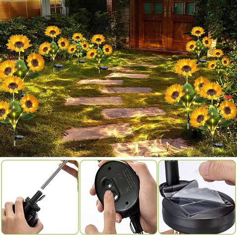 2 Pack Solar Garden Lights Outdoor, Waterproof Sunflower Stake Light with 42 LED & 3 Flowers, Artificial Upgraded FlowerLights for Christmas Garden, Pathway, Patio, Yard Decoration