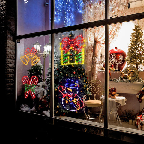 Pytopkto Christmas LED Window Silhouette Lights Set of 4 – Bell, Candy Cane, Snowman & Gift Box – Indoor & Outdoor Decorations