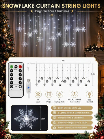 Christmas Snowflake Curtain Lights – 96 Warm White LEDs, 8 Lighting Modes & Remote Control for Windows – Bring a Little Winter Magic to Every Evening