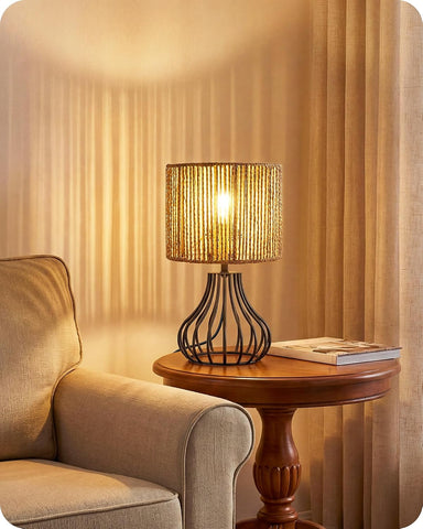 GOEBELSON Bedside Table Lamp – Black Metal Table Lamp with Hand-Woven Paper Rattan Shade, 4W 2700K LED Bulb Included, E27 Bedroom & Desk Lamp