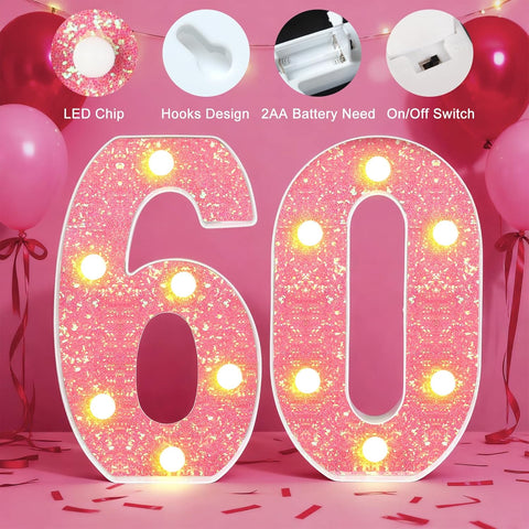 Pink LED Number 60 Light Up Sign – Birthday & Anniversary Decoration – UK