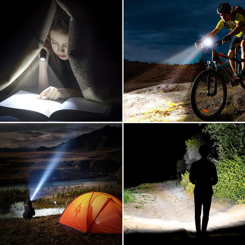 Collage of people using flashlights in various settings including reading, cycling, camping, and hiking.