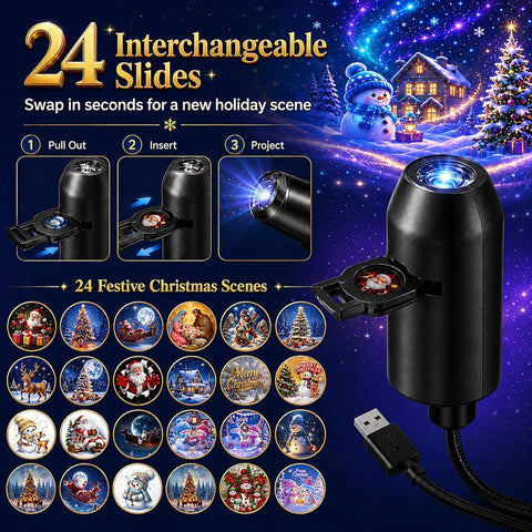 Christmas Projector Indoor 360° HD Scene Projector with 24 Christmas Projection Films – USB Festive Projection Light for Walls, Ceilings & Parties