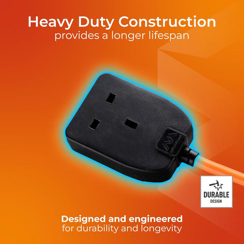 Masterplug One Socket Single Outdoor Extension Lead, 10 Metre Cable, Cable Tidy, Unswitched, Heavy Duty, Rewireable, 1-Way Plug Extension Cable, Orange, 13A, 1G, 10m, BOG10O