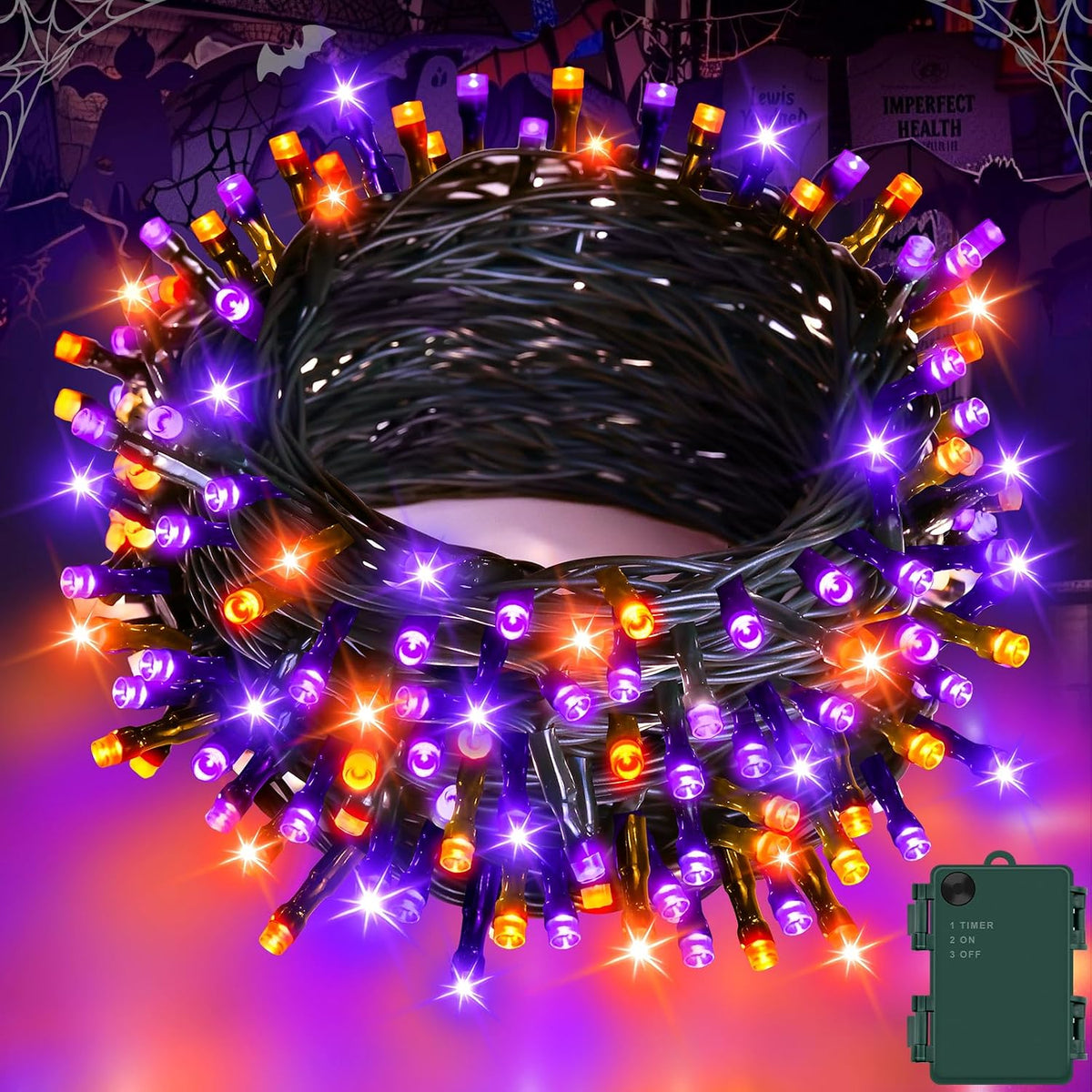 Gcstnn Halloween Fairy Lights 5m 50 LED Orange & Purple Battery Operated String Lights – IP65 Waterproof with 6-Hour Timer for Indoor & Outdoor Halloween Decorations