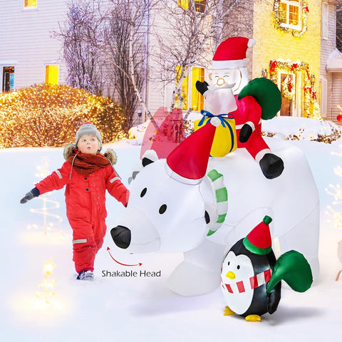 210CM Inflatable Christmas Polar Bear with Santa & Penguin – White