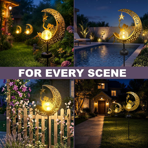 Solar Lights Outdoor Garden, Solar Moon Fairy Lights with Crackle Glass Globe, Garden Ornaments Lights Solar Powered Waterproof for Patio, Yard, Pathway & Lawn, Unique Gardening Gifts for Women