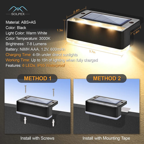 Solpex Solar Fence Lights Outdoor 12 Pack, Solar Step Lights Waterproof Led Solar Lights for Outdoor Stairs, Deck, Fence, Yard, Patio (Warm White,Black) [Energy Class A]