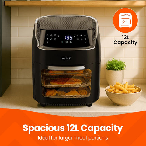 Innoteck 12L Digital Air Fryer Oven – 1800W, Rotisserie, 8 Presets, Touch Panel, Basket & Racks, Black & Silver