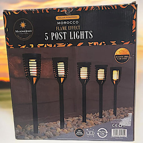 Divas World Solar Powered Morocco Flame Effect LED 5 Post Lights Realistic Amber Flame Ultra Bright for Garden, Patio or Driveways