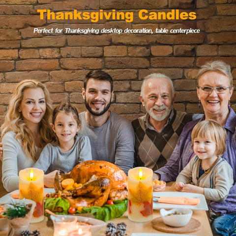 Flameless Pillar Candle Light Set of 2, 6x3 Inch Flickering Real Wax LED Candles with Remote and Timer, Battery Operated, Maple Leaf Design