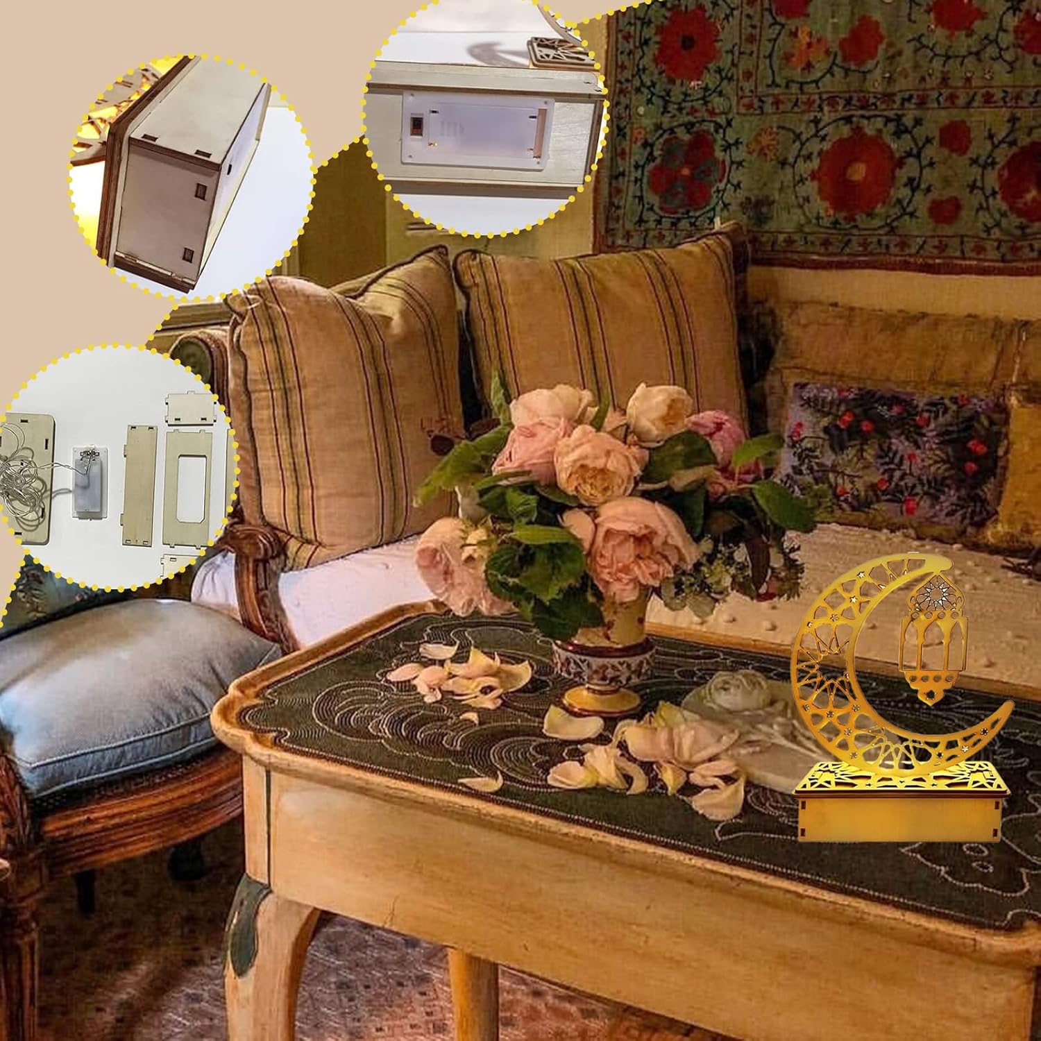Decorative table with flowers and a decorative item, surrounded by furniture and wall art.