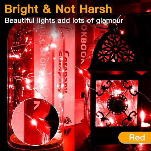 10m Red Battery Operated Fairy Lights, 100 LED Waterproof Copper Wire String Lights for Indoor Outdoor Valentine’s Day, Wedding, Bedroom & Party Decor