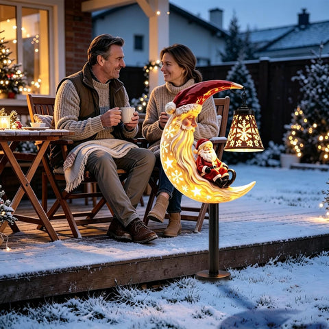 Solar Christmas Stakes - LED Hollow Moon & Santa Figurine Decor, Warm