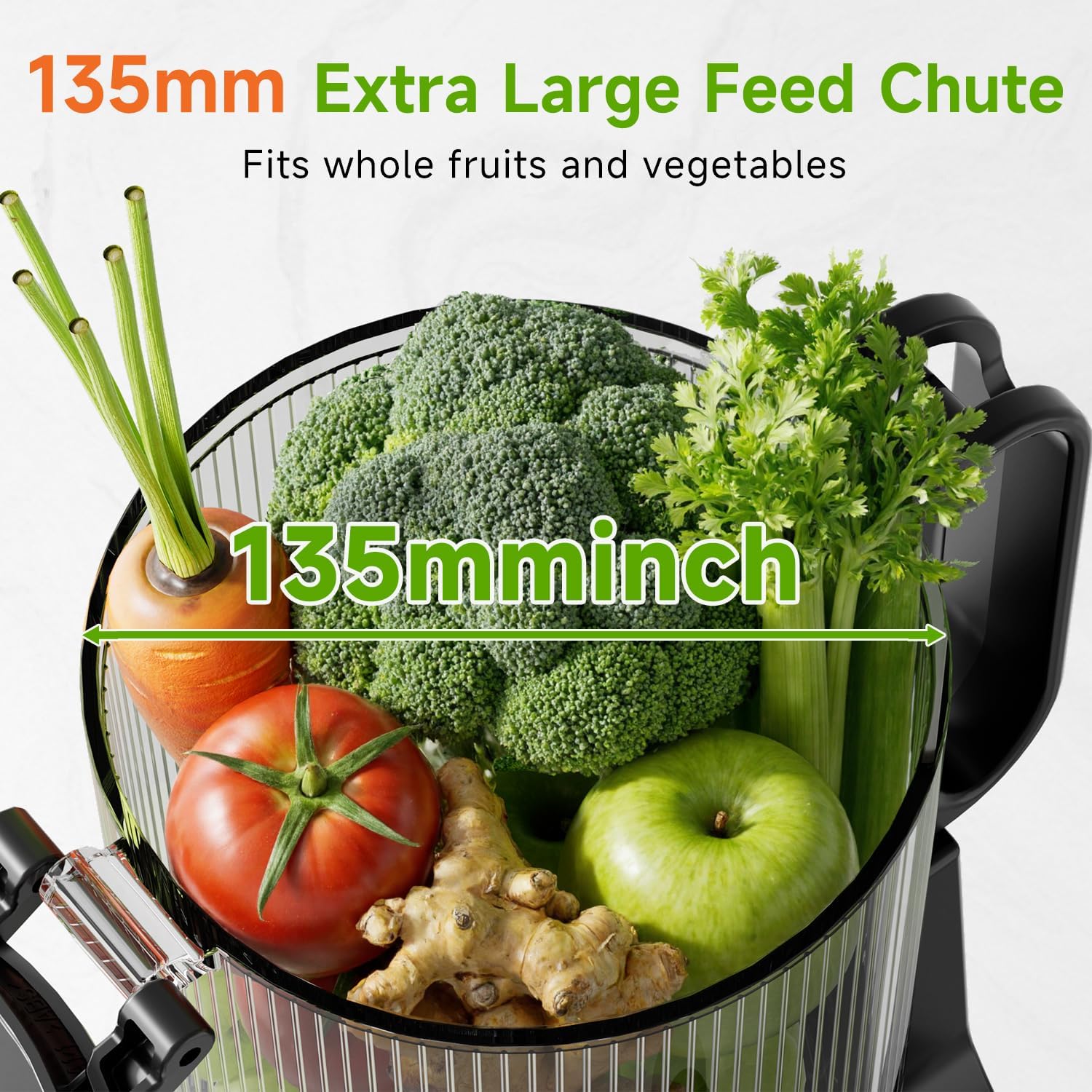 Black feed chute with fruits and vegetables, labeled '135mm Extra Large Feed Chute'.