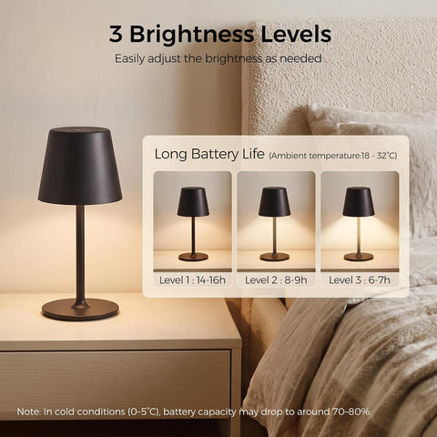 Rechargeable Table Lamp, Cordless LED Touch Lamp for Indoor & Outdoor Use – 48 LEDs, 3 Brightness Levels, Waterproof Black Metal Design
