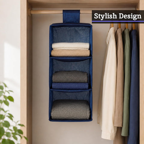 Premier Housewares 3-Section Hanging Garment Organiser, Blue – Lightweight Wardrobe Storage for Shoes, Clothes & Seasonal Essentials