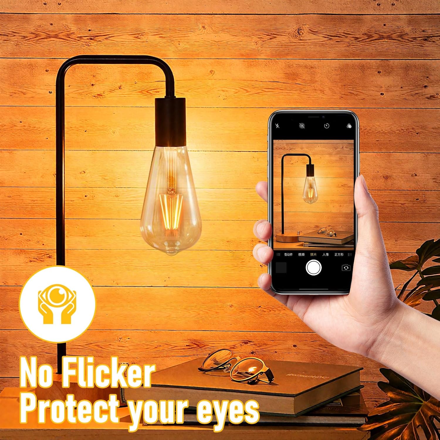 Hand holding a smartphone taking a photo of a lit light bulb with a wooden background.