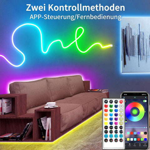 Living room with LED strip lights and control devices on a smartphone